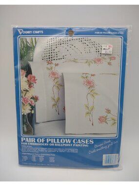 Vtg Pair Vogart Stamped Pillowcases Rose Floral Embroidery Ballpoint Paint 8703H